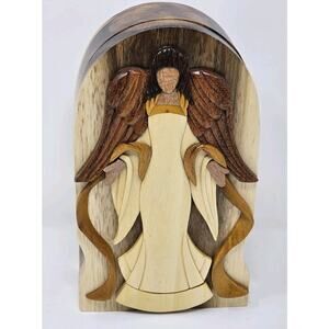 Carver Dan's Handcarved Hardwood Angel Secret PUZZLE TRINKET BOX Jewelry Box